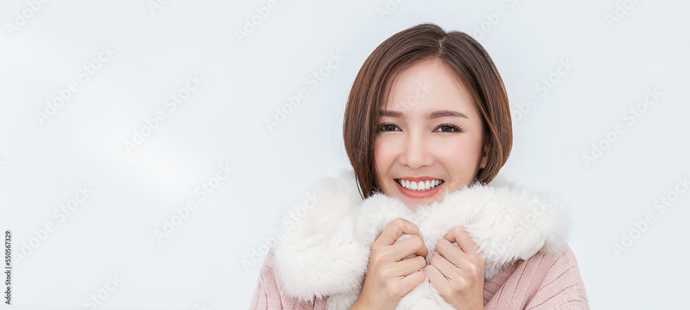 Portrait of young beautiful asian woman relax. Smile happy asian girl hands cover face wear winter fur cloth. Beauty treatment perfect clear skin japanese woman makeup winter hygge concept banner Portrait of young beautiful asian woman relax. Smile happy asian girl hands cover face wear winter fur cloth. Beauty treatment perfect clear skin japanese woman makeup winter hygge concept banner