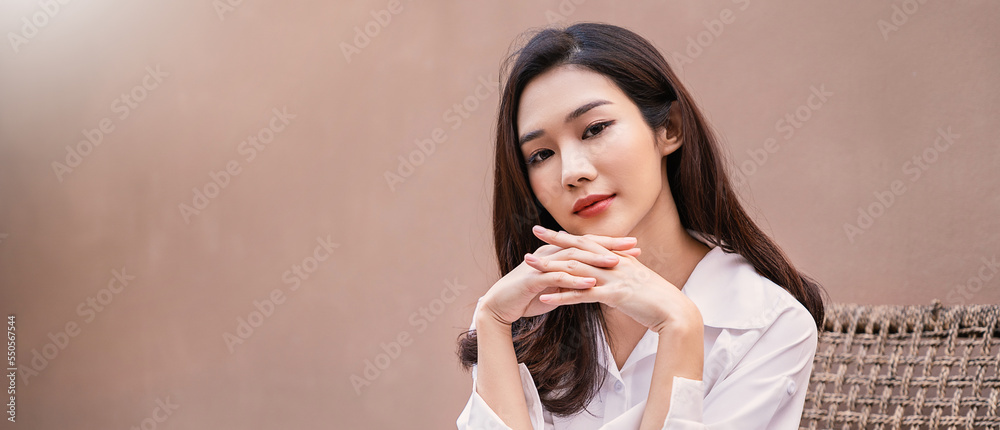 Portrait smile happy beautiful innocence asian woman relax. Asian girl face on white shirt Beauty long hair spa woman treatment perfect clear cosmetology skin. Japanese girl makeup lifestyle lifestyle