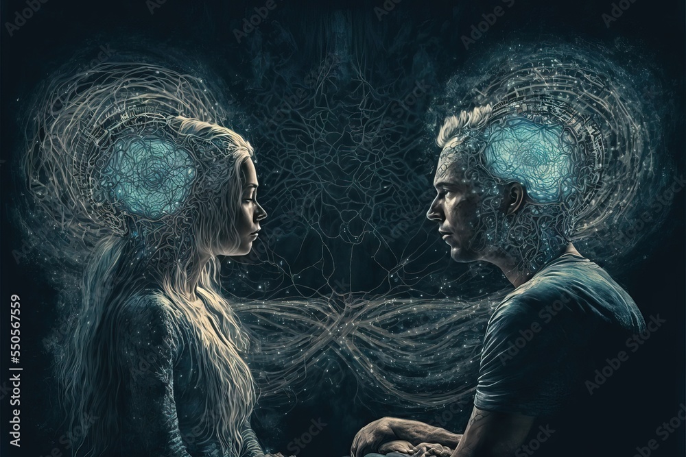 Spiritual Connection Between Two Persons, with electromagnetic connections generated in deep state meditation through astral communication, and Telepathy - obrazy, fototapety, plakaty 