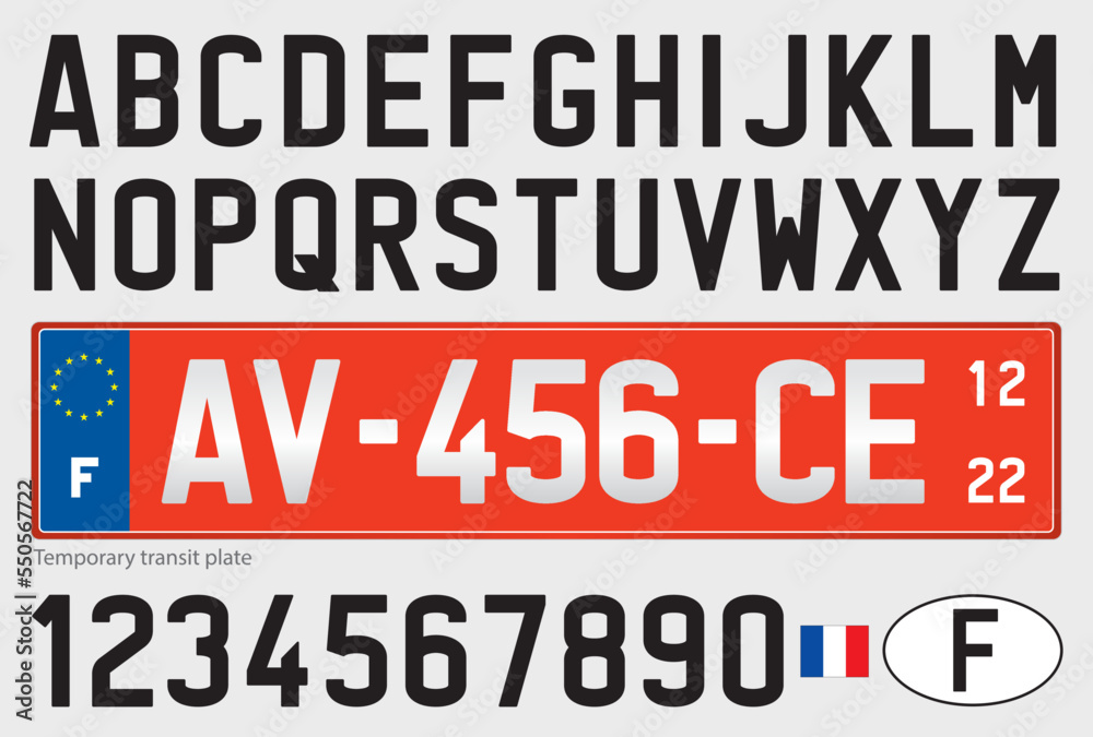 Temporary transit license plate of France with numbers and letters, red color, vector illustration