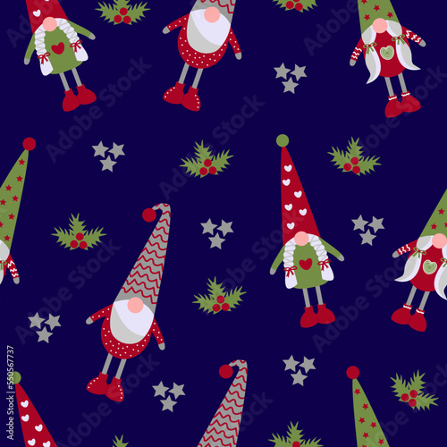 Seamless pattern with cute Christmas gnomes. Gnomes with beard, cap and red boots. Stylish dwarves. Cute New Year pattern with blue background. Print for wrapping paper, textiles, children's clothes. 