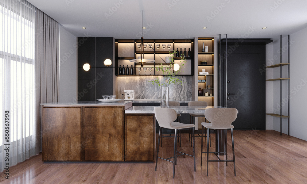 3d rendering,3d illustration, Interior Scene and  Mockup,kitchen interior modern style,kitchen decorated with wood and stone.