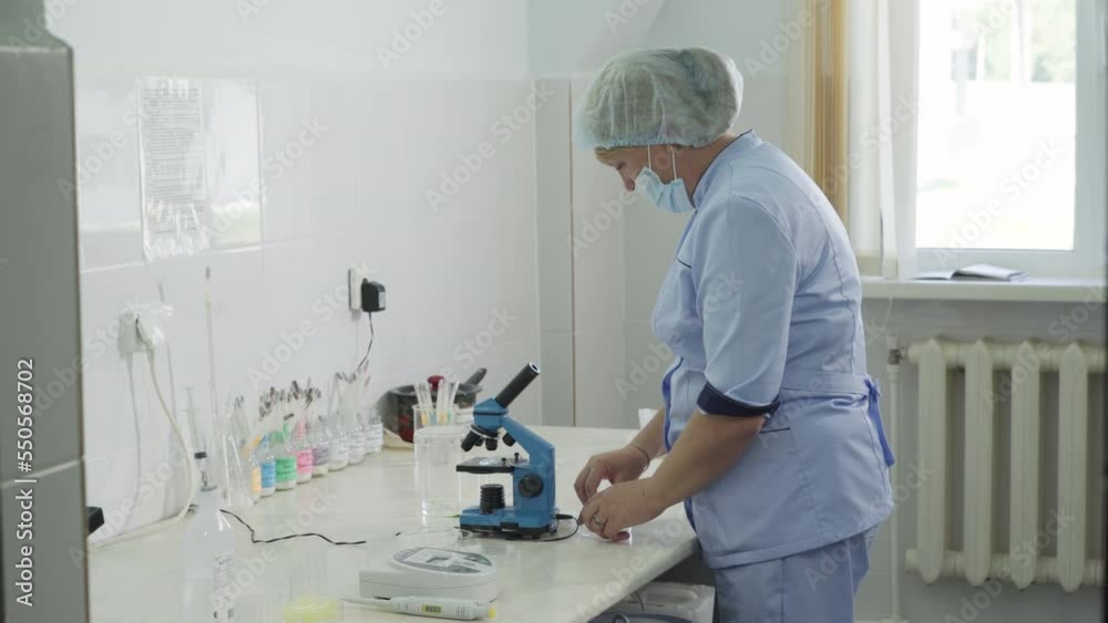 Laboratory nurse looking in a microscope for chicken animal health check. Using a microscope to check the health of growing animals. Checking the health of farmed animals with a microscope Laboratory nurse looking in a microscope for chicken animal health check. Using a microscope to check the health of growing animals. Checking the health of farmed animals with a microscope