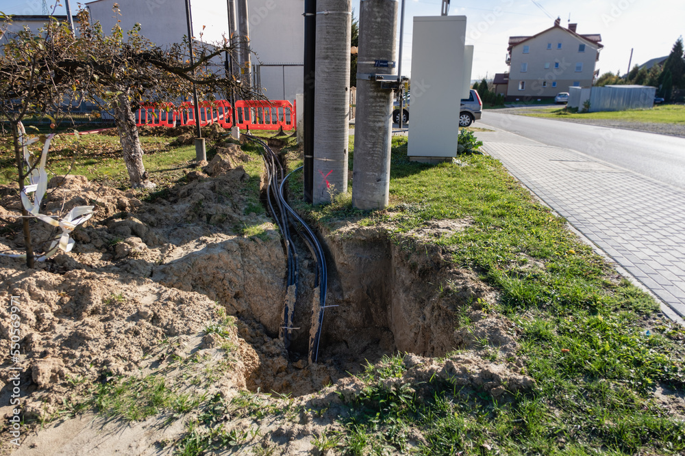 Thick power cable in the ground - electrical tunnel at the high voltage ...