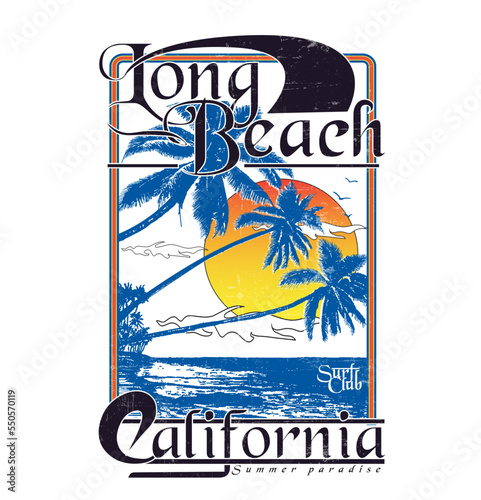 vintage retro beach print for long beach California, Beach vibes vintage graphic print design for apparel and others. Flamingo island artwork design.