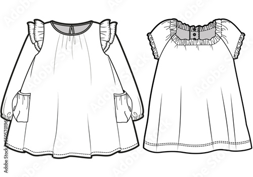 A line Dress for Baby Girl's Sets Fashion Illustration, Vector, CAD, Technical Drawing, Flat Drawing, Template, Mockup	