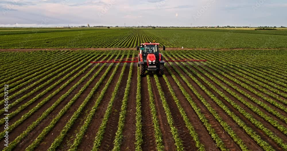 Aerial shot of a farmer in tractor spraying green soybeans at farm Aerial shot of a farmer in tractor spraying green soybeans at farm