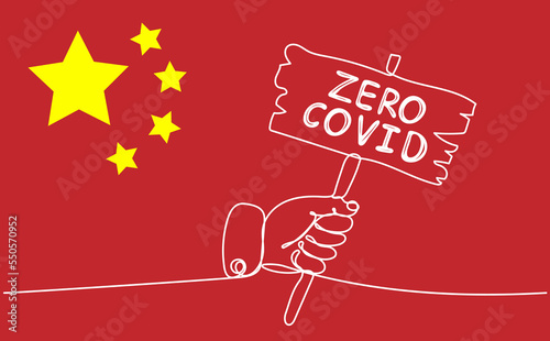 China zero COVID policy concept. Hand holding placard with text on background of china flag. Continuous one line drawing vector illustration