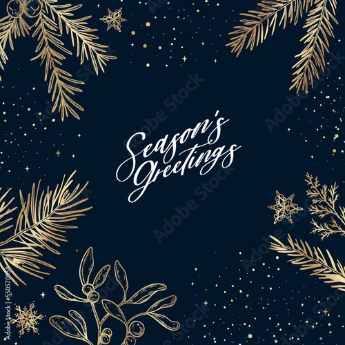 Lovely hand drawn winter branches christmas template, luxury design with golden snowflakes and twigs, great for cards, banners, wallpapers - vector design