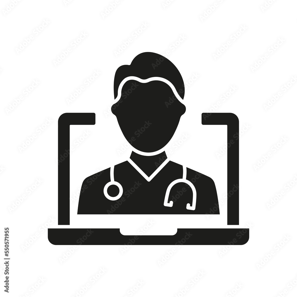 Online Digital Medicine Silhouette Icon. Doctor in Computer Medical Health Care Online Glyph Black Pictogram. Virtual Medicine Service Icon. Telemedicine. Isolated Vector Illustration