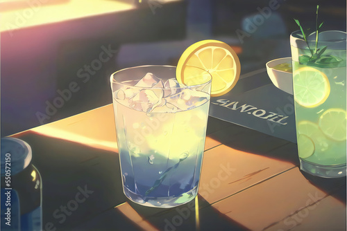 glass of water. Glass of Lemonade. Sparkling Soda on Sunset Ray Light. Aesthetic Cocktail Mocktail Digital Illustration. Alcoholic Beverages. Summer. Beautiful Pretty Gorgeous Looking Drink
