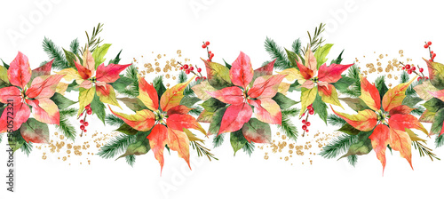 Watercolor Christmas Red poinsettia flowers Seamless border