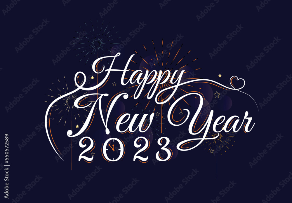 Happy New Year logo text design, happy new year symbols on blue background, Happy New Year logo with 2023 text