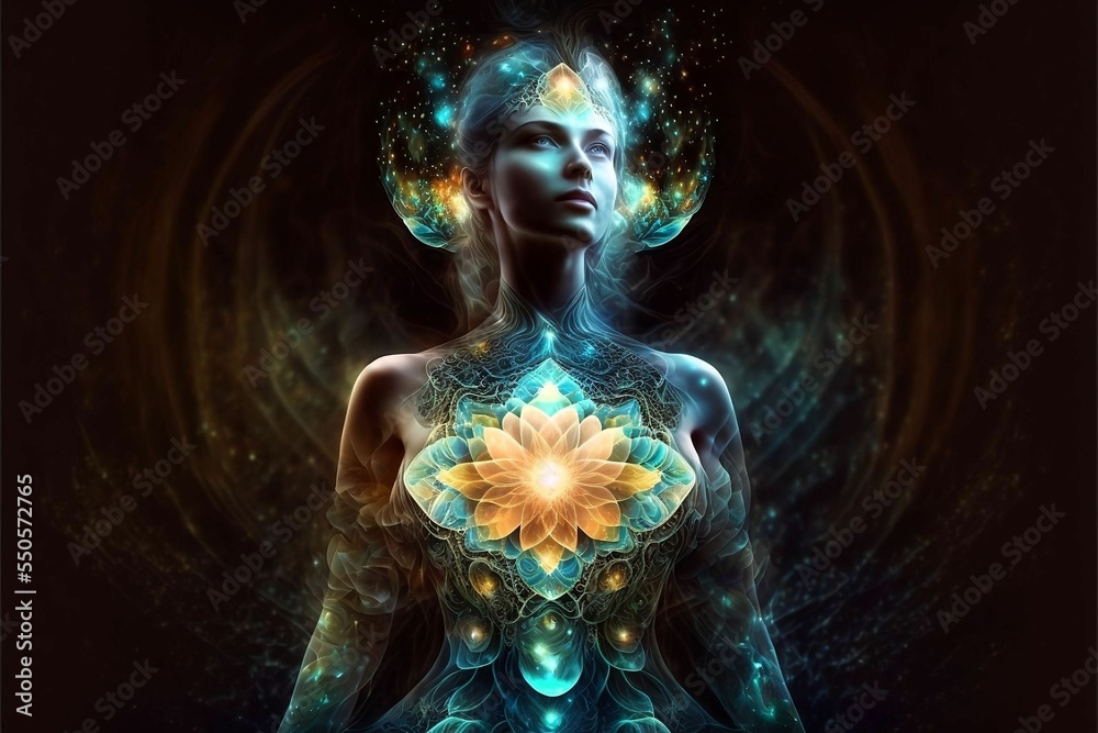 Drawing of woman in the middle of pure energy of wishes, happiness and prosperity Drawing of woman in the middle of pure energy of wishes, happiness and prosperity