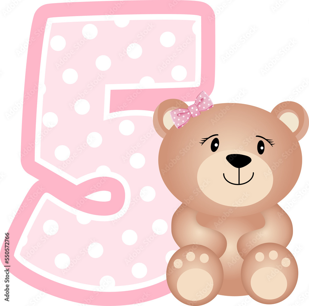 Cute teddy bear girl with number 5 for birthday party Cute teddy bear girl with number 5 for birthday party