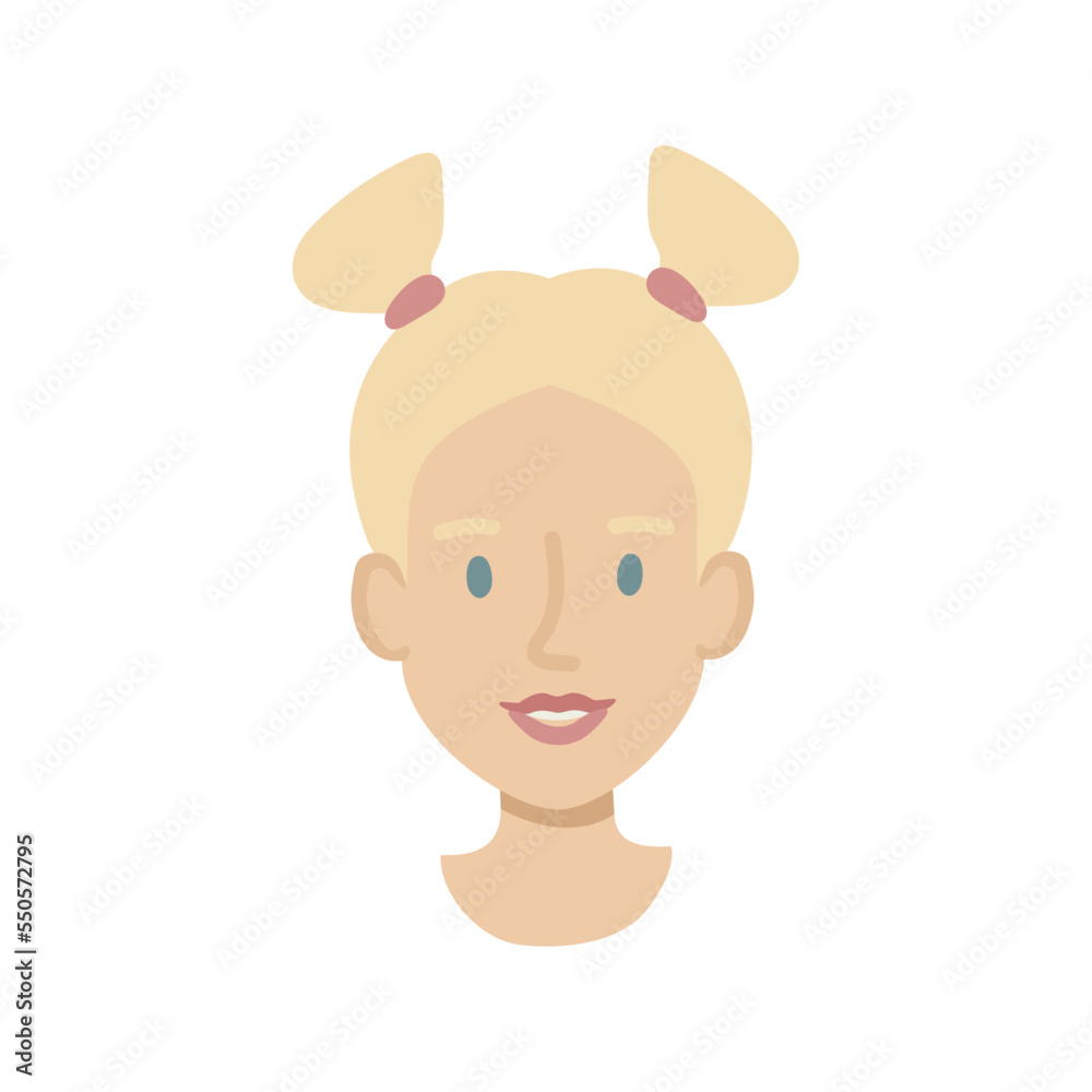 Girl face flat. Friendly young woman with blond hair in two buns. Hand drawn vector illustration. Girl face flat. Friendly young woman with blond hair in two buns. Hand drawn vector illustration.