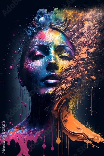 Abstract drawing of beautiful woman with colourful paint splatter exploding from behind her head, Generative AI