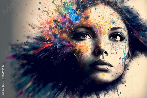 Abstract drawing of beautiful woman with colourful paint splatter exploding from behind her