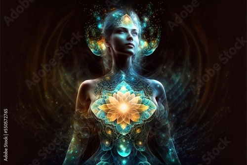 Drawing of woman in the middle of pure energy of wishes, happiness and prosperity
