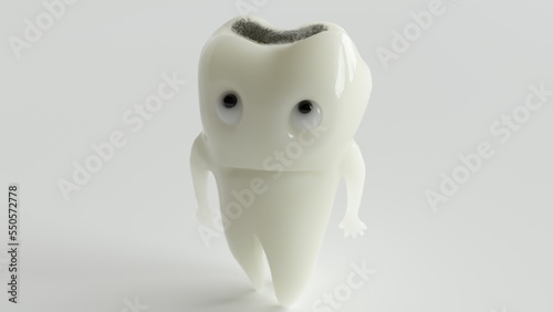 An unhappy cartoon tooth looks at his caries disease - 3D Rendering