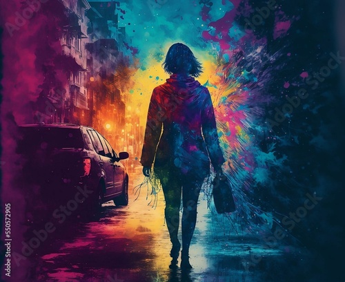Abstract drawing of a woman walking down the street with amazing colours covering the houses