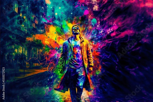 Drawing of a man with rainbow paint exploding behind him and his clothes covered in colourful paint. Generative AI