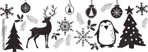 Christmas, New year, Holiday pattern. Black silhouettes. Forest animals, Christmas tree, snowflakes, deer, bear, Christmas balls.