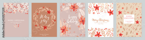 Christmas card set - hand drawn floral flyers boho style. Lettering with Christmas decorative elements.