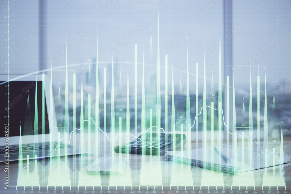 Forex Chart hologram on table with computer background. Multi exposure. Concept of financial markets. Forex Chart hologram on table with computer background. Multi exposure. Concept of financial markets.
