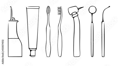 Dentist equipment set. Professional medical instruments and equipment for dental office. Orthodontic and stomatological sterile tools. Outline vector illustration isolated on white background