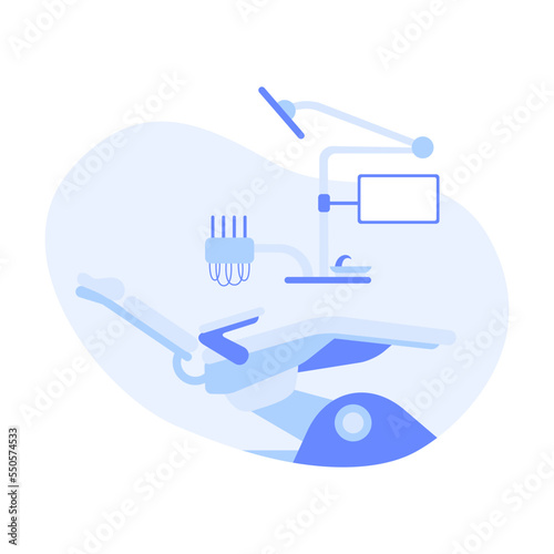 Dentist office. Dental room interior with dentist chair, lamp, drilling machine, instrument for teeth treatment. Stomatology service. Clinic cabinet, orthodontist practice workplace illustration