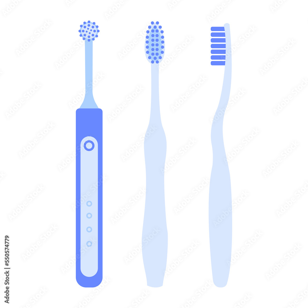 Set of toothbrush. Dental cleaning tools. Electrical and manual tooth hygienic equipment. Teeth health vector flat illustration isolated on white background Set of toothbrush. Dental cleaning tools. Electrical and manual tooth hygienic equipment. Teeth health vector flat illustration isolated on white background