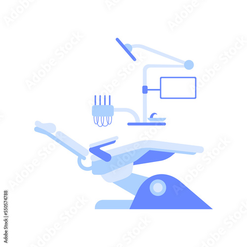 Dentist office. Dental room interior with dentist chair, lamp, drilling machine, instrument for teeth treatment. Stomatology service. Clinic cabinet, orthodontist practice workplace illustration