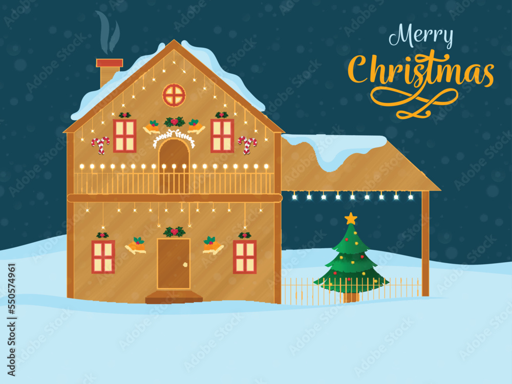 Merry Christmas Celebration Concept With Decorative Chimney House, Xmas Tree On Blue And Cyan Snowy Background.