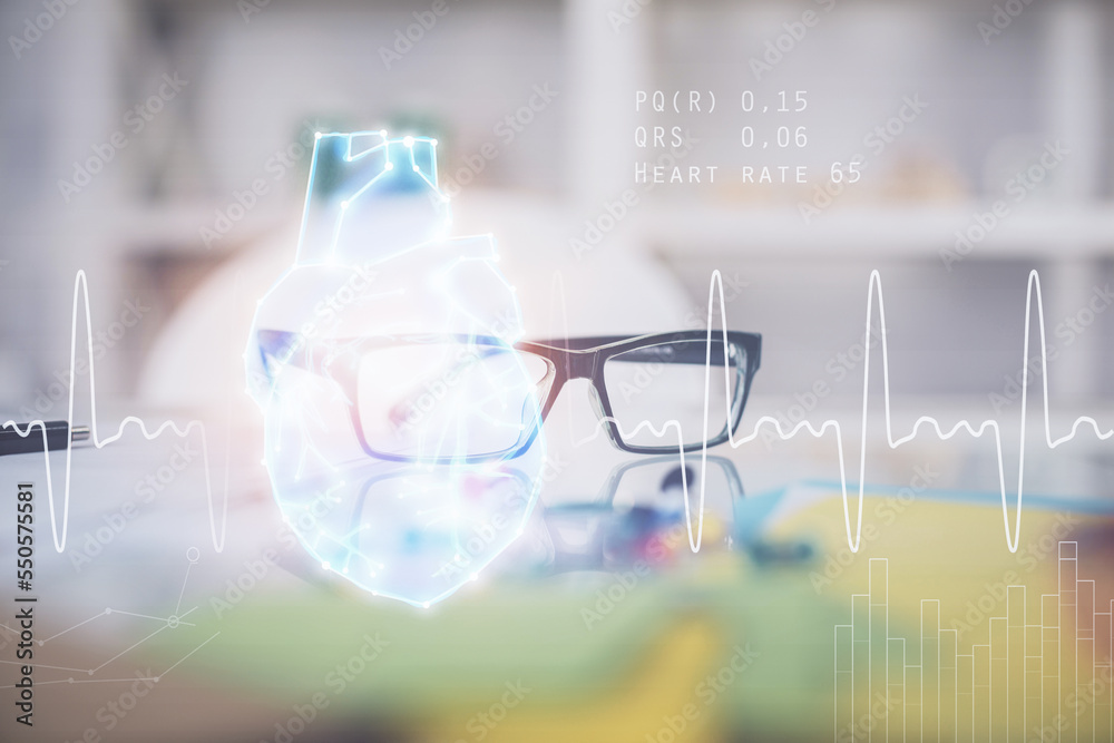 Heart drawing with glasses on the table background. Concept of medical education and healthcare. Double exposure. Heart drawing with glasses on the table background. Concept of medical education and healthcare. Double exposure.
