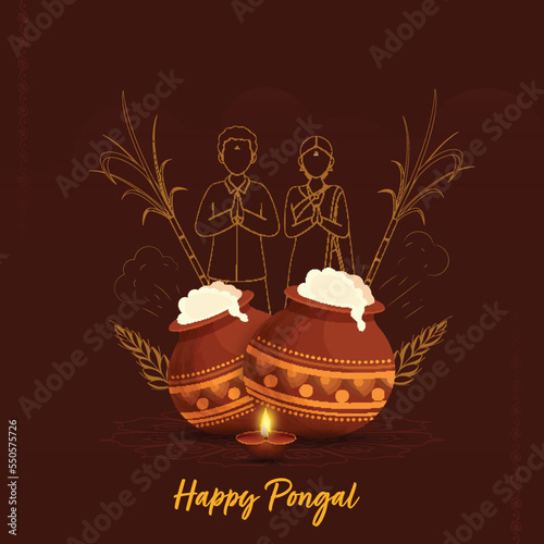 Happy Pongal Celebration Concept With Clay Pots Full Of Traditional Dish, Lit Oil Lamp (Diya) And Doodle South Indian Couple Greeting Namaste On Burnt Umber Background.