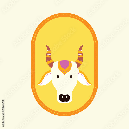Indian Animal Character Of Cow Or Ox Face And Blank Oval Frame On Comic Latte Background.
