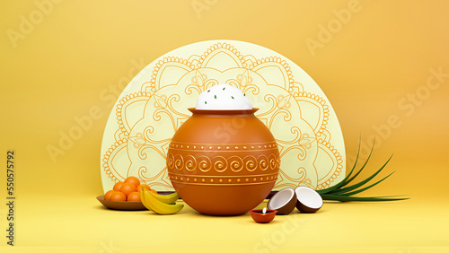 3D Render Of Pongal Festival Elements And Half Mandala Frame Against Yellow Background.
