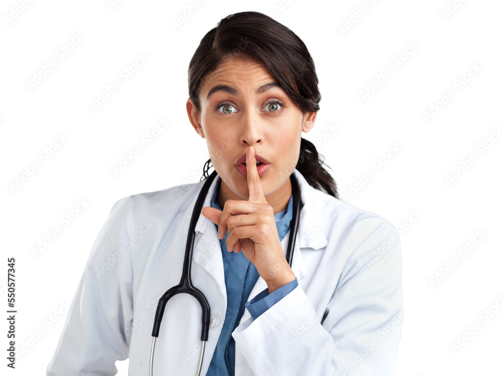 PNG Studio portrait of a young doctor with her finger on her lips against an isolated transparent png background. PNG Studio portrait of a young doctor with her finger on her lips against an isolated transparent png background.