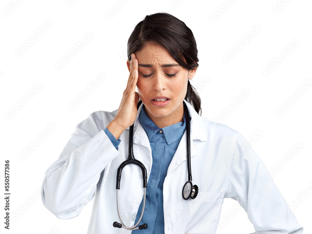PNG Studio shot of a young doctor experiencing stress against an isolated transparent png background. PNG Studio shot of a young doctor experiencing stress against an isolated transparent png background.