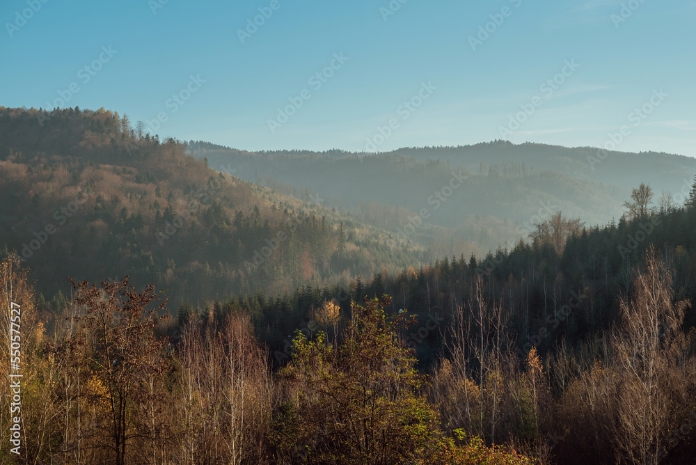part of autumn
natural landscape with a view of space;
the foothills of the Carpathian Mountains in autumn