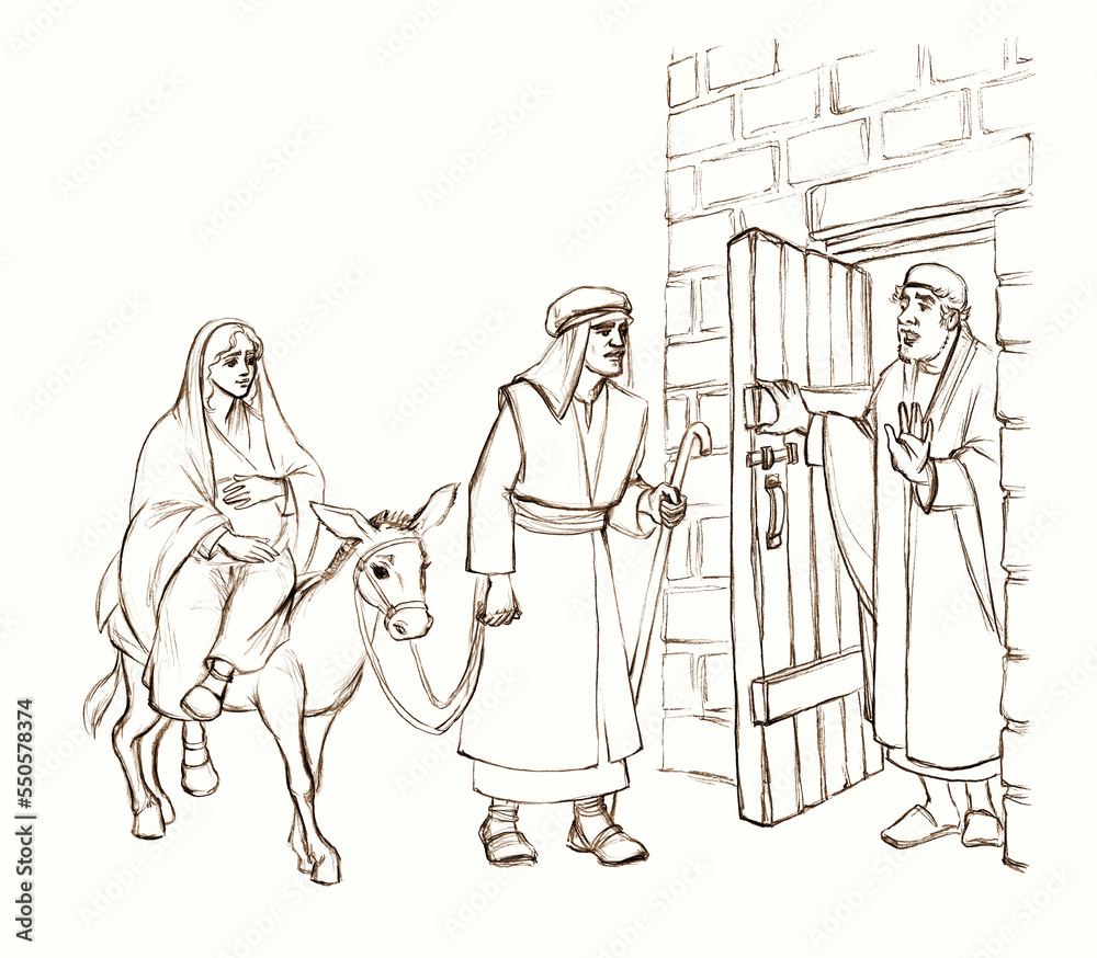 Pencil drawing. Joseph and Mary go to Bethlehem