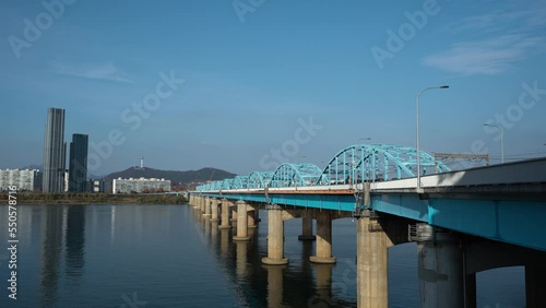 Panorama Of Dongjak Bridge Over The Han River With High-rise Buildings In The Background In Seoul, South Korea. - wide photo