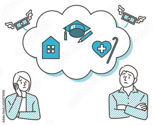 Couple worried about and thinking about money, such as mortgage, education, medical expenses, etc. [Vector illustration].