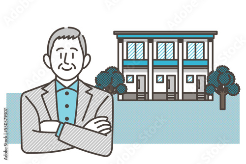 Senior male landlord investing in real estate through condominium management [Vector illustration].