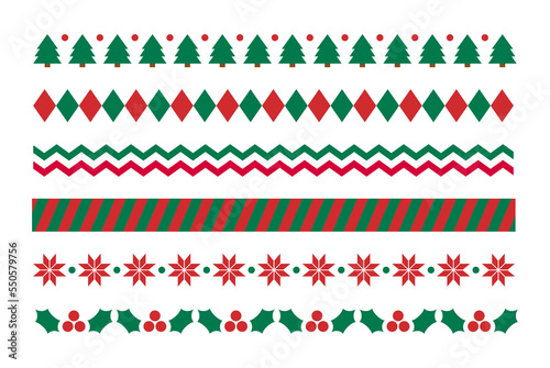 Set of pattern borders for Christmas concept in winter season December. Repeating rhombus, dot, tree, wave, stripe, fruit, flower icon.
