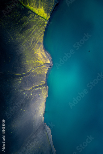 Aerial top down view over section of the Icelandic coast, Iceland