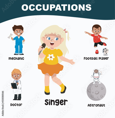 Occupations poster for children. Preschool activity sheet. Vector file. Jobs poster for kindergarten classroom. Introducing kind of jobs to kids 