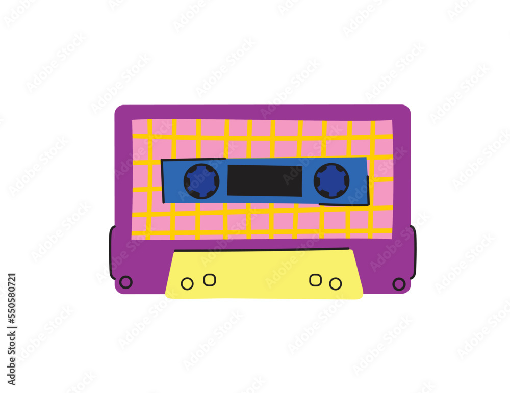 Retro music cassette. Stereo DJ tape, vintage 90s cassettes tapes and audio tape. antique radio play cassette, 1970s or 1980s rock music mix audiocassette. Vector icons set