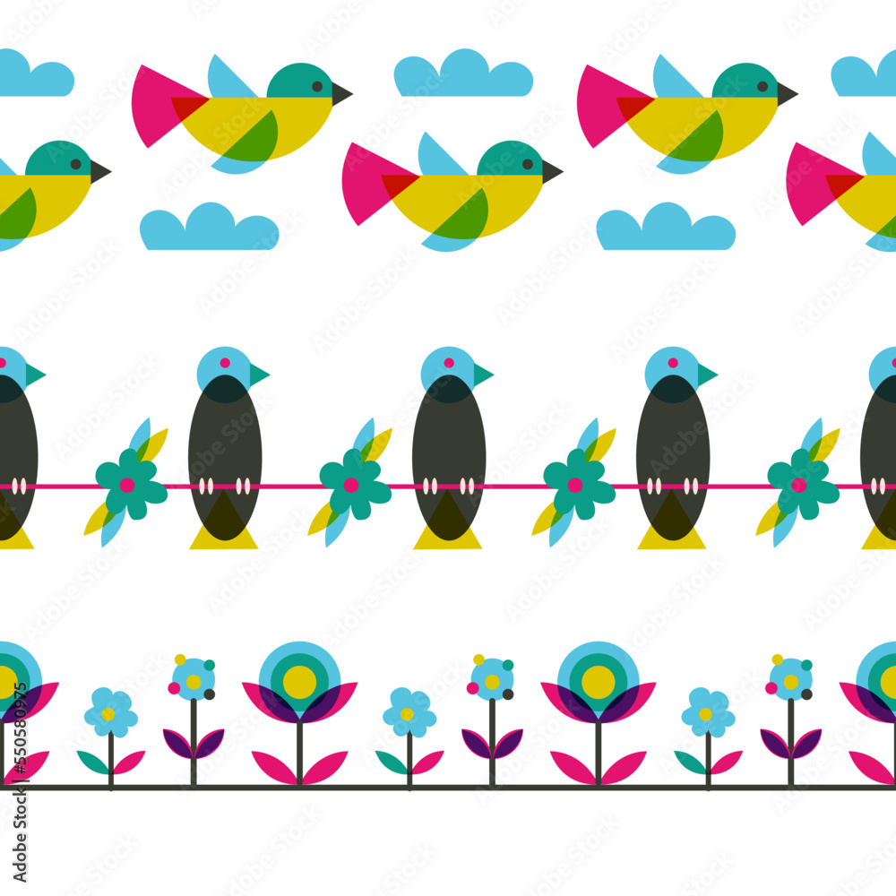 Fototapeta premium Retro Birds and Flowers Vector Seamless Horizontal Borders Set